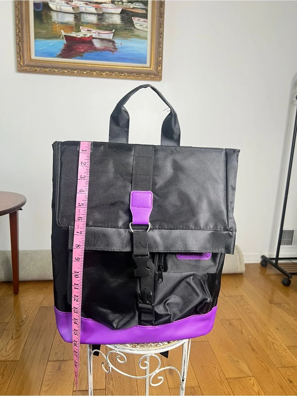 Black and Purple Roll-Top Backpack with Front Pockets